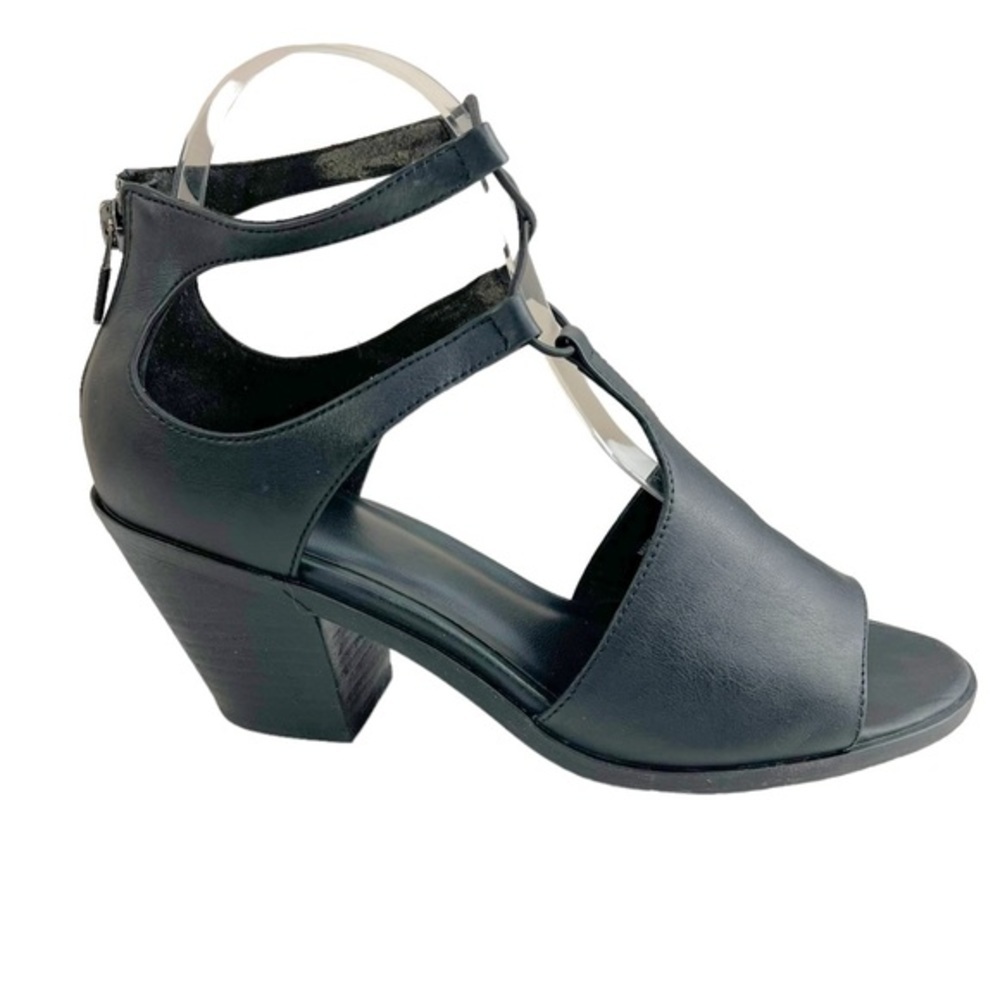 Eileen Fisher Lou Black Leather Block Heel Sandals Women's Size 8